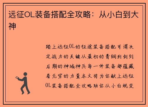 远征OL装备搭配全攻略：从小白到大神