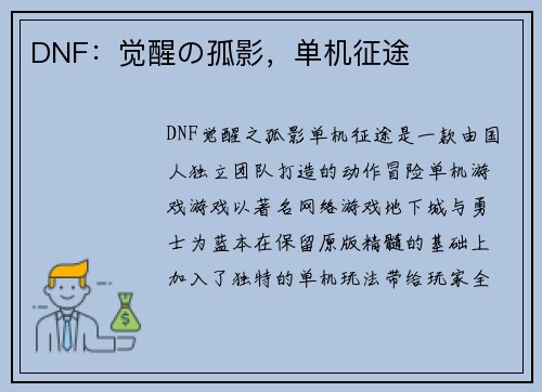 DNF：觉醒の孤影，单机征途