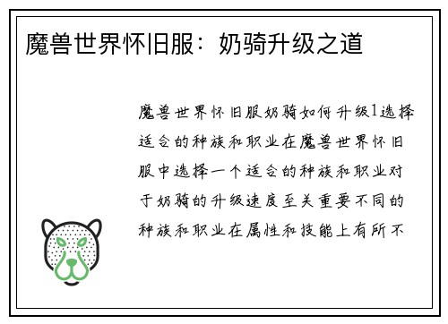 魔兽世界怀旧服：奶骑升级之道